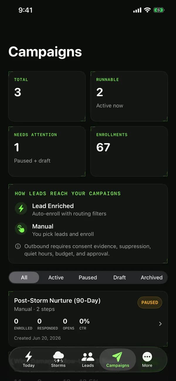 AI-STORMS iPhone Campaigns screen showing campaign activity and controls